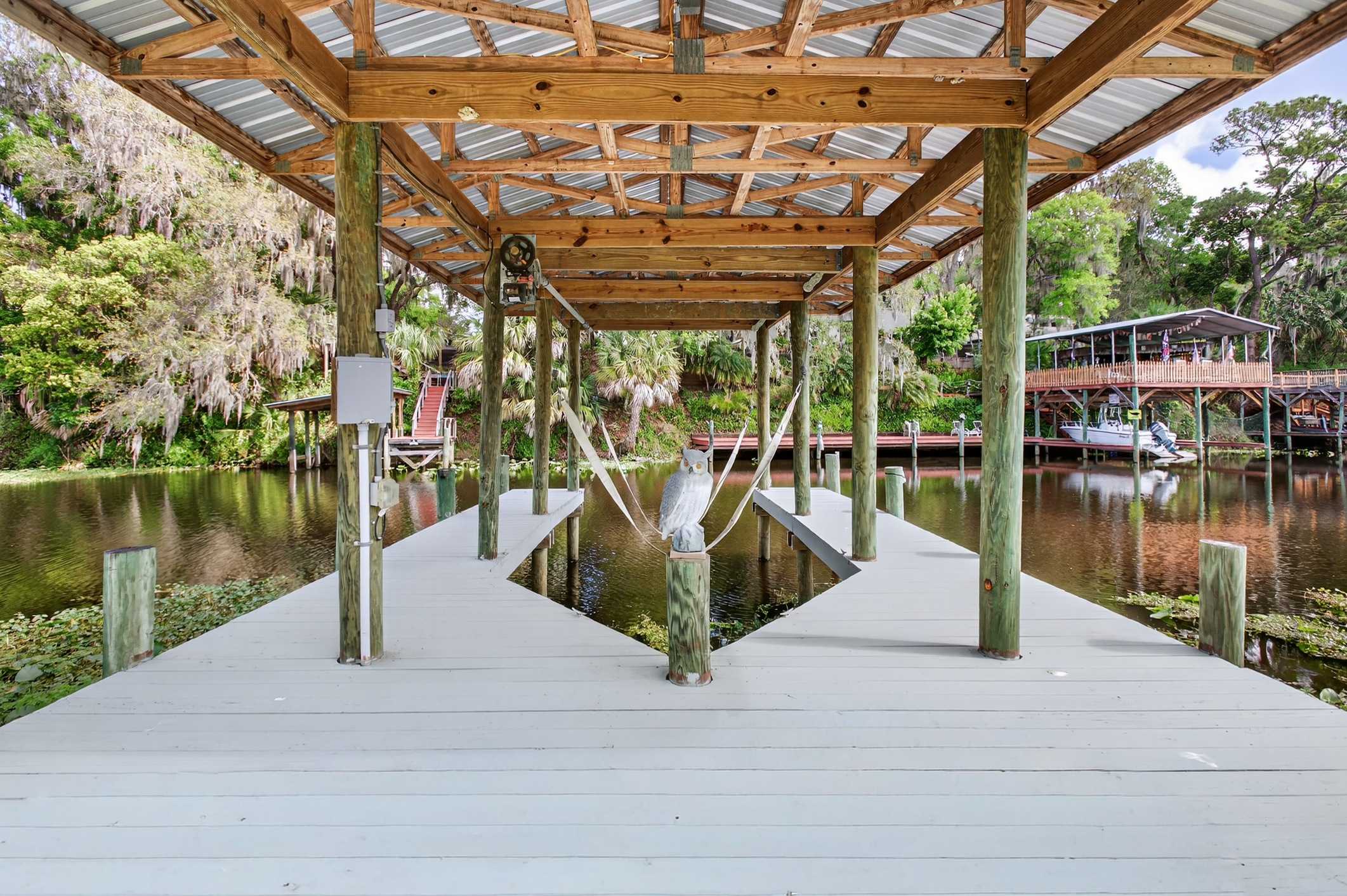 Inside the boathouse with boat lift